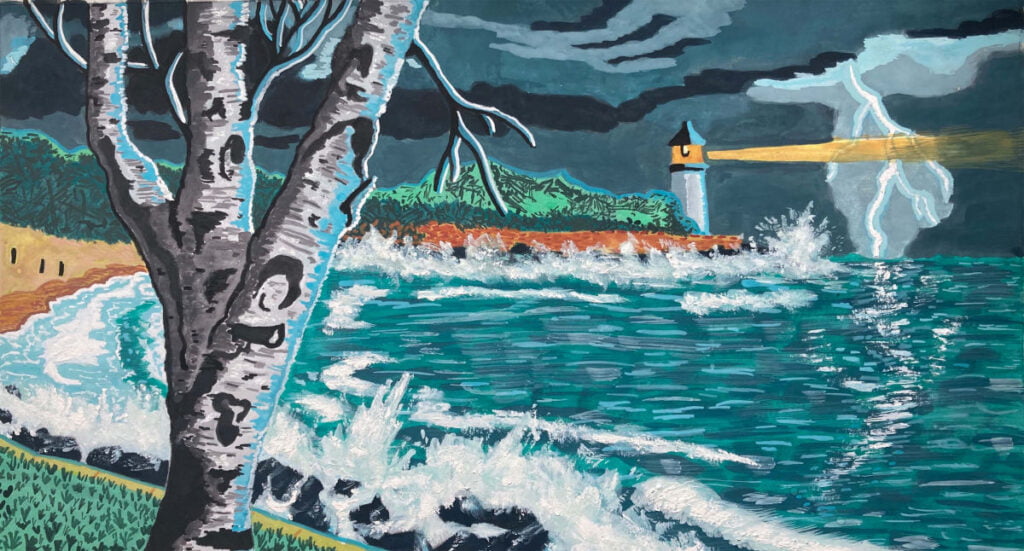 A watercolor and gouache painting of a coastal landscape. In the foreground is a lone birch, painted with bold strokes of gray, white, and baby blue. In the background is a raging storm, where white capped waves crash against a sandy beach and rocky jettys. In the background is also a white lighthouse, with a yellow beam of light that cuts horizontally across the right vertical third of the painting. The sky is full of gray storm clouds with a bolt of yellow lightning. The reflection of the lightning is seen on the ocean.