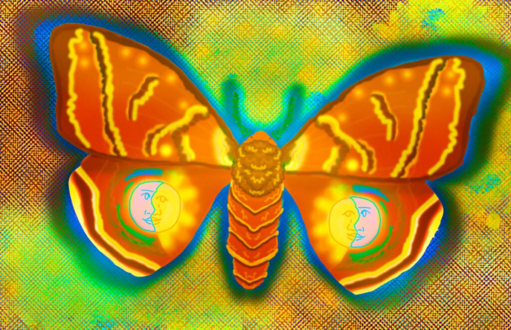A digital illustration of a fuzzy moth. The moth is a vibrant orange shade and is surrounded by a halo of electric blue. There are highlighter yellow stripes on all of the moth’s wings and on each of the lower wings are line drawings of a sun and a moon. The background is a distorted, pixelated pattern in shades of maroon, mint green, highlighter yellow, and vibrant orange.