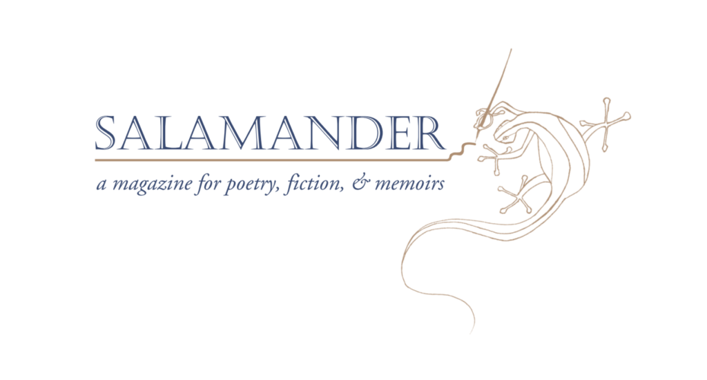 A logo showing a salamander holding a long pen and the words "salamander a magazine for poetry, fiction & memoirs"