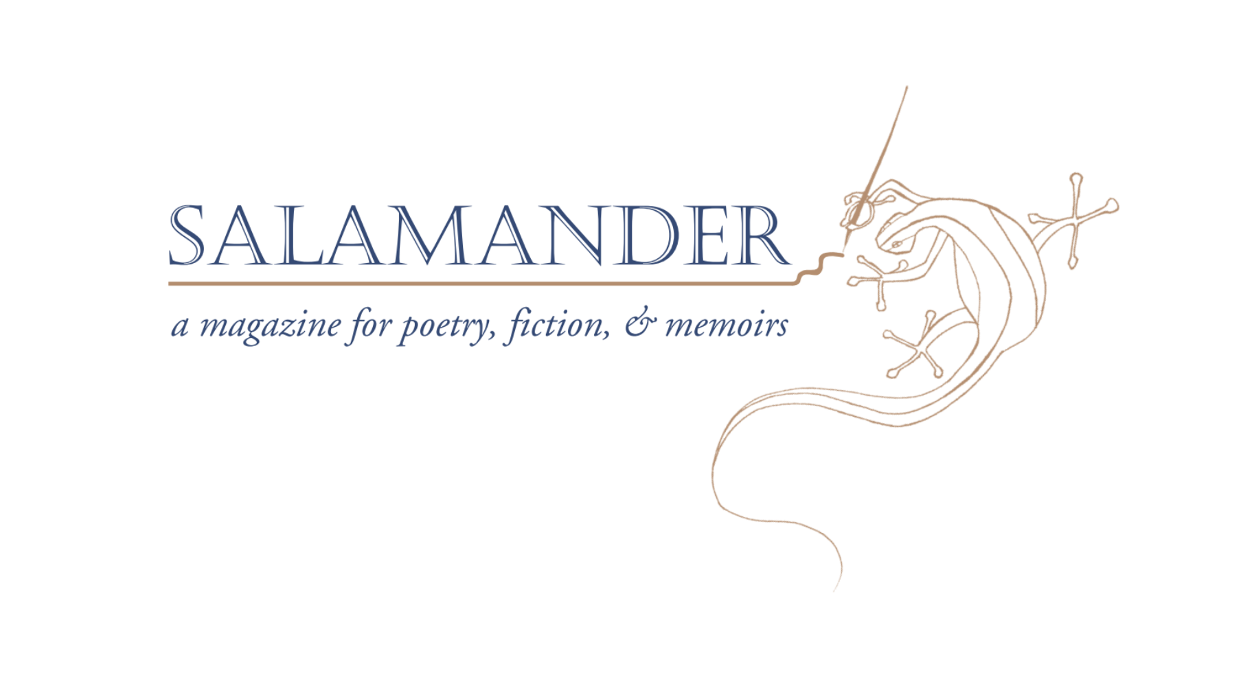 A logo showing a salamander holding a long pen and the words "salamander a magazine for poetry, fiction & memoirs"