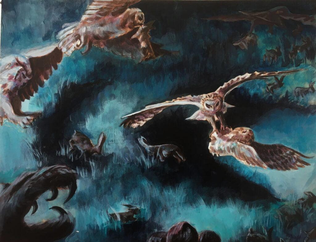 An acrylic painting of great horned owls feasting on hares. There are four owls and all of them are in flight. The owls are swooping down to the grass to catch the frantic hares. The scene takes place at night and the grass is painted with shades of blue. Black shadows are cast over the grass from the owls in the air.